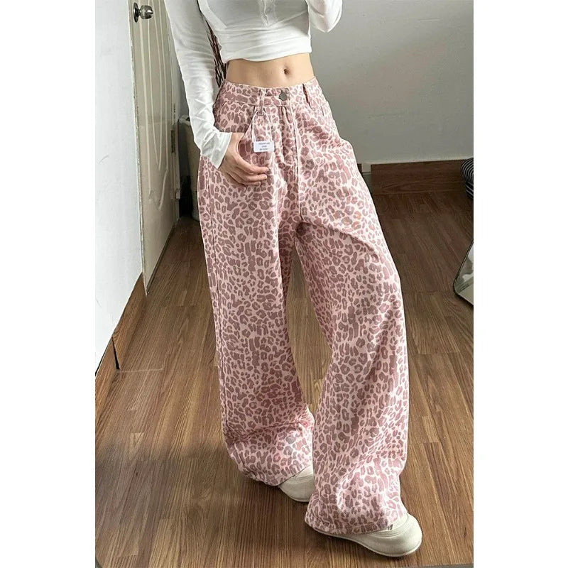 Pink Leopard Print Wide Leg Jeans Women Summer 2026 Loose Slimming Drapey Floor-Length Straight Cut Design Sensation