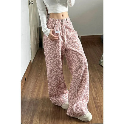 Pink Leopard Print Wide Leg Jeans Women Summer 2026 Loose Slimming Drapey Floor-Length Straight Cut Design Sensation