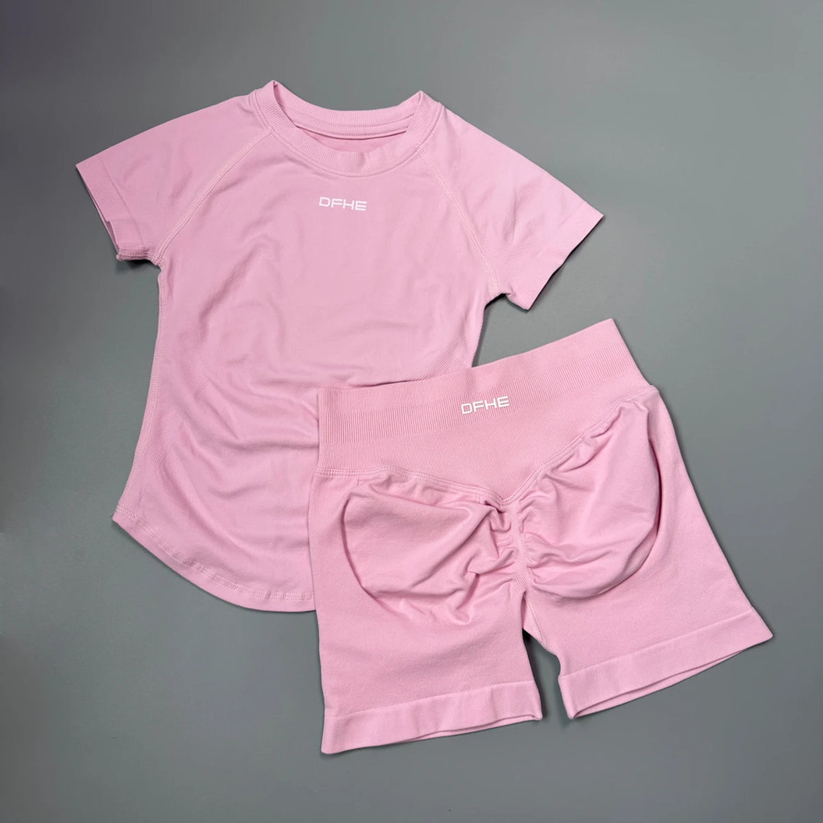 DFHE 2 Piece Athletic Tracksuit, Seamless Short Sleeve Yoga Wear, High Stretch Running Shorts, Gym Training Outfit