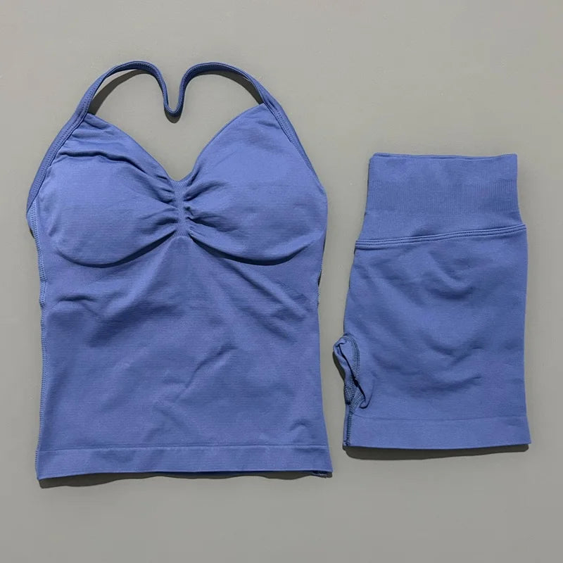2Pcs HISTELLO Yoga Set Women Halter Tank Top Scrunch Butt Lifting Shorts Ruched Anti Chafe Quick Dry Gym Workout Sports Set