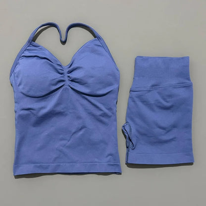 2Pcs HISTELLO Yoga Set Women Halter Tank Top Scrunch Butt Lifting Shorts Ruched Anti Chafe Quick Dry Gym Workout Sports Set