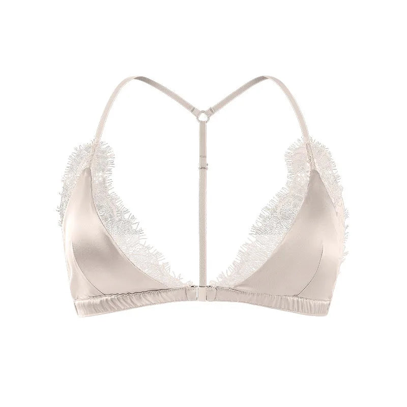 Birdtree 93% Silk 7% Spandex Women Lace Bra,Wireless Pitted Triangle Cup Front Closure Bralette,2026 New Underwear A61403JF