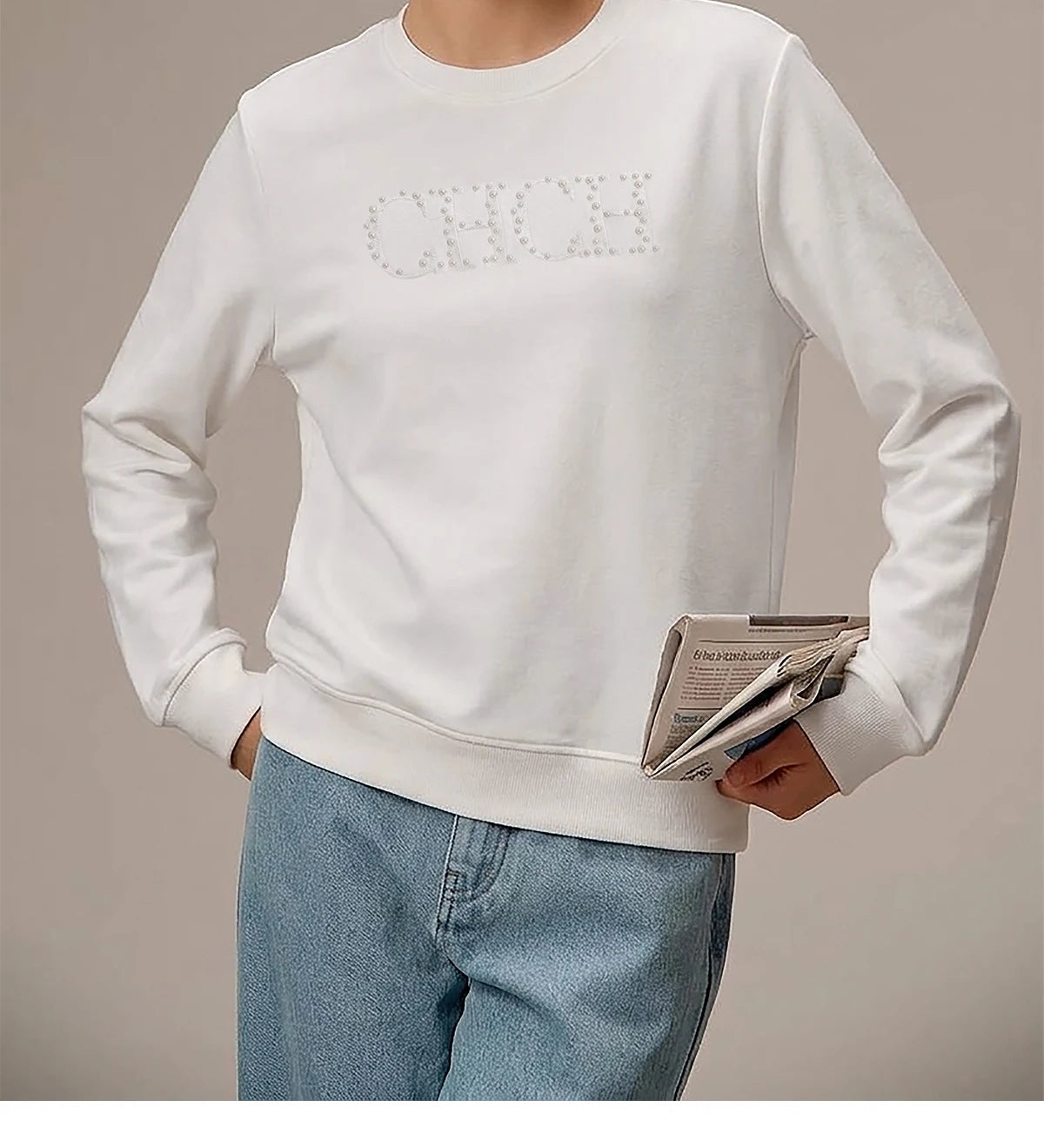 CHCH Women's Hoodie 2026 New Simple Pearl Embroidered Top Women's Beige Loose Long Sleeve Hoodie