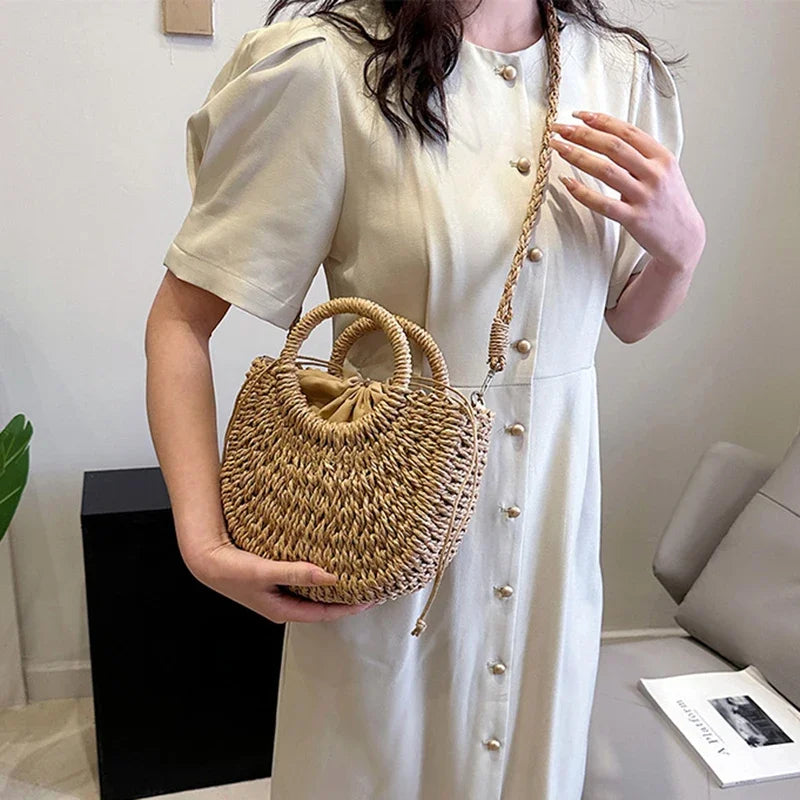 Straw Rattan Handbag – Large Capacity Half Moon Purse | Hollow Out Shoulder Bag