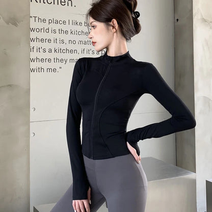 2026 Summer Slim Fit Long Sleeve T Shirt Women Wild Zipper Up Waist Slimming Yoga Tshirt Woman Tight UV Protection Crop Tops