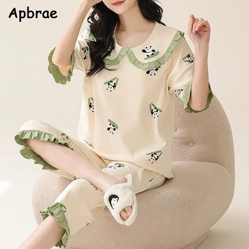 Summer Capris Pajamas for Women Plus Size 5XL Woman Causal Pajama Sets Cartoon Lapel Pijamas Cute Girl Soft Cotton Sleepwear