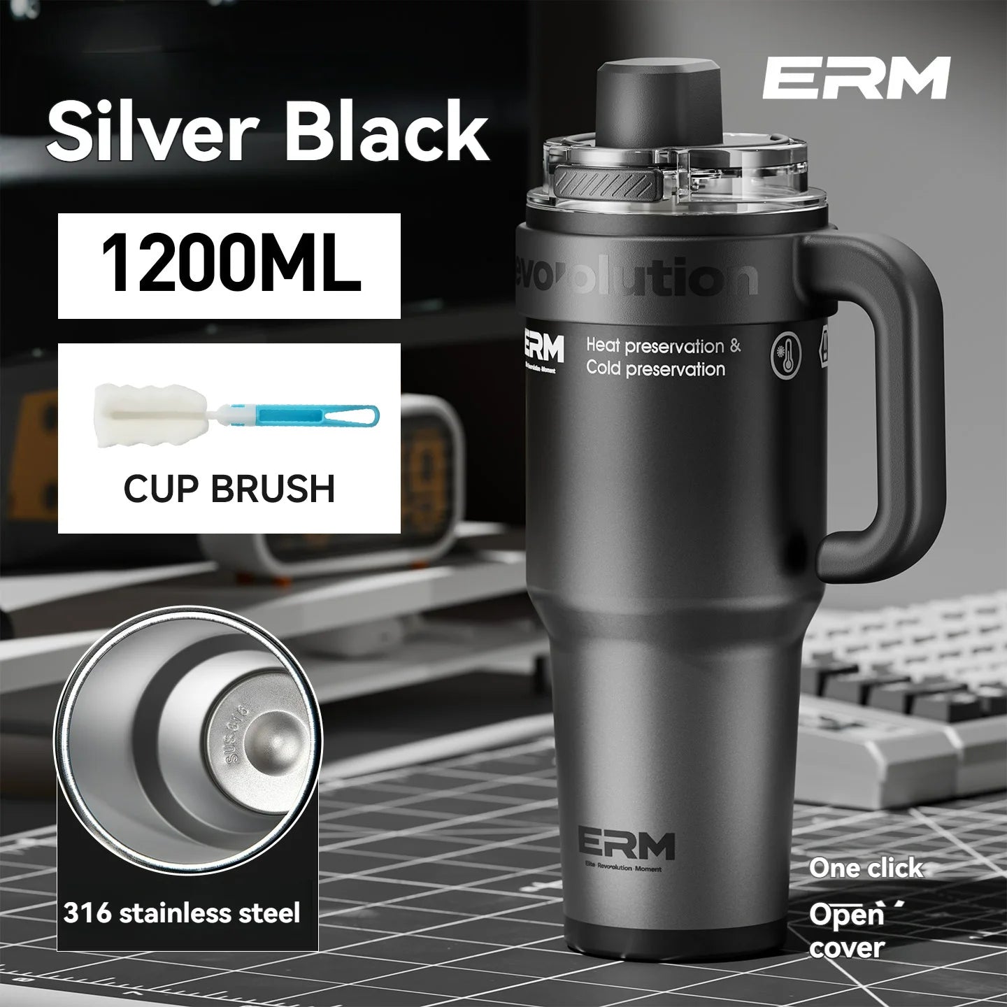 1200ML Extra Large Tumbler Ceramic Drinkware Stainless Steel Water Bottle Insulated Vacuum Flask Straw & Handle Leakproof Mug