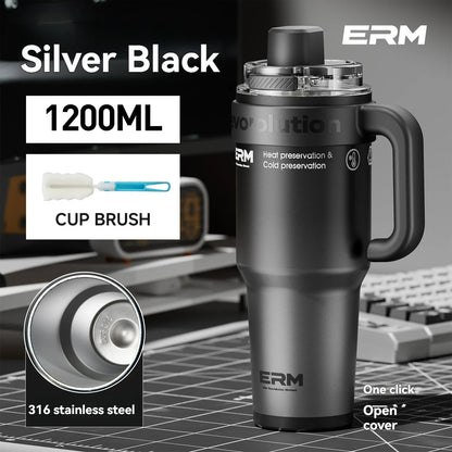 1200ML Extra Large Tumbler Ceramic Drinkware Stainless Steel Water Bottle Insulated Vacuum Flask Straw & Handle Leakproof Mug