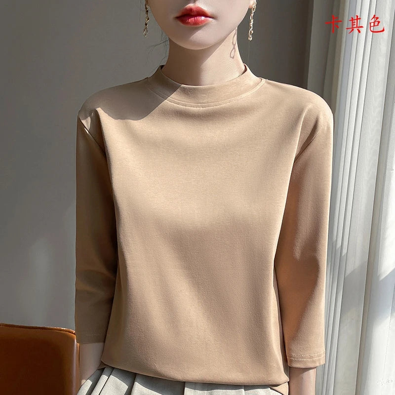 Cotton Cropped T-Shirt - Women's Semi-High Neck Loose Fit Three Quarter Sleeve Top