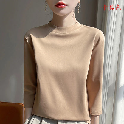 Cotton Cropped T-Shirt - Women's Semi-High Neck Loose Fit Three Quarter Sleeve Top