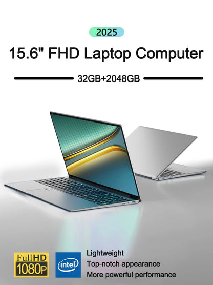 15.6 Inch Portable Laptop - Intel 6500Y Slim Gaming Notebook with 32GB RAM, 2TB SSD, Windows 11