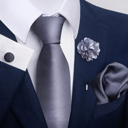 Luxury Mens Floral Black Gold Tie Set - Paisley Necktie Pocket Square Cufflinks  Brooch for Weddings and Parties