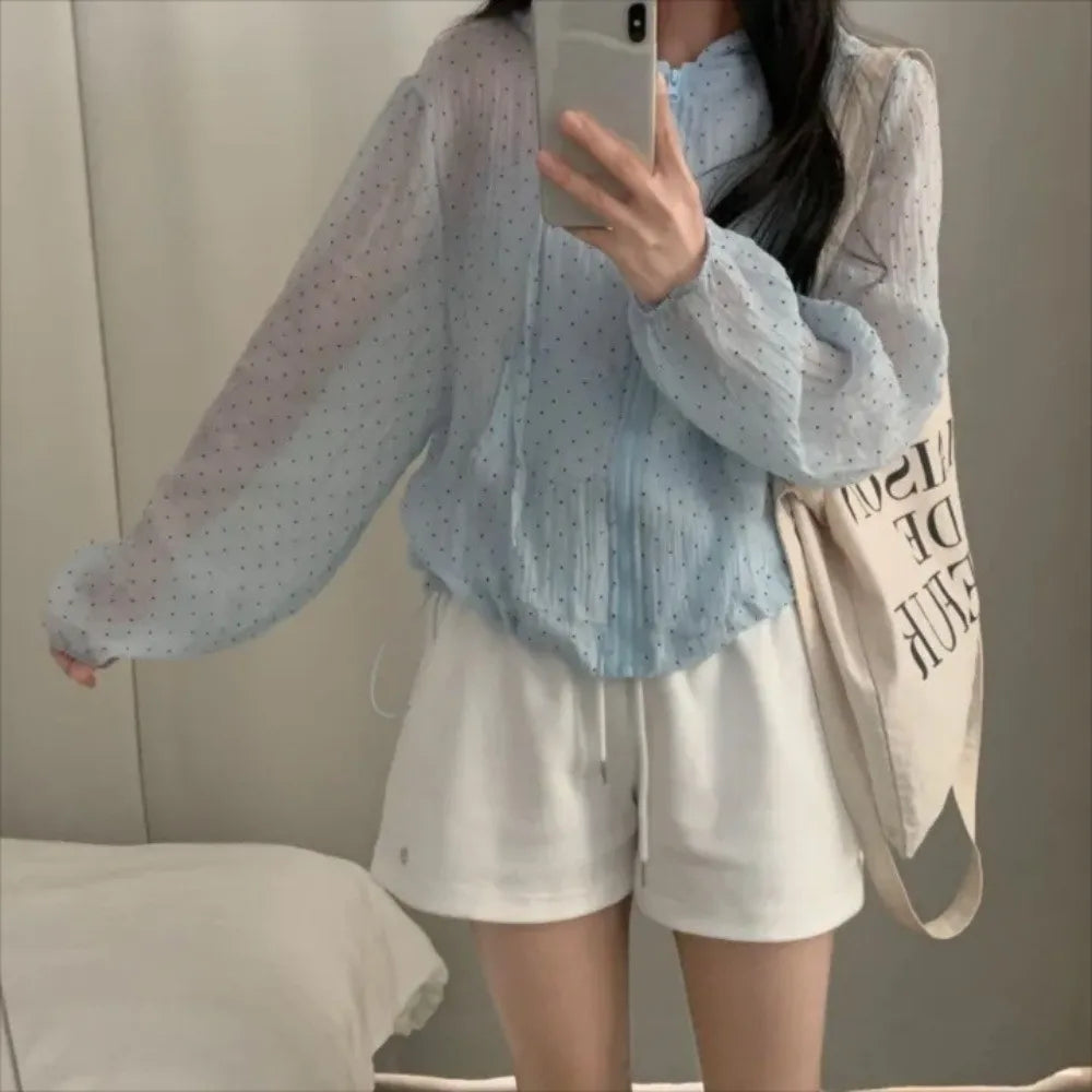 Casual Polka Dot Sun Protection Jacket Loose Fit Thin Hooded Jacket Breathable Long Bubble Sleeve Quick Dry Jacket