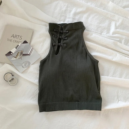 ITOOLIN Elegant Women Chinese Button Tank Tops With Bra Pad O-Neck  Sleeveless Tank Tops For Women Sexy Crop Tops All-Match 2024