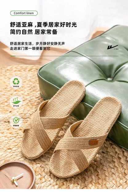 Men Shoes Slippers Linen Home Indoor Open Toe Flat Shoe Beach Slippers Striped Spliced Rubber Sandals Zapatillas Hombre