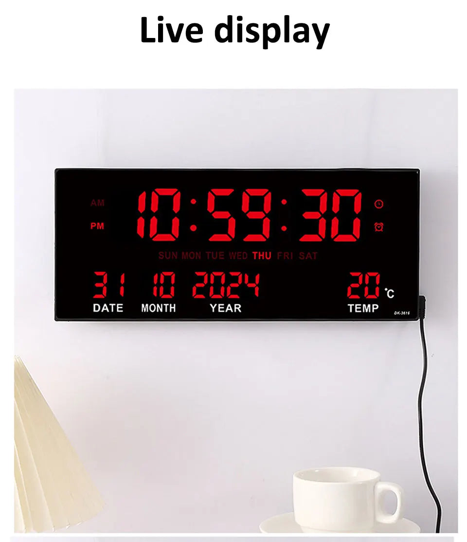Large Digital Wall Clock with Alarm Temperature  Date Display - 14 LED Plug-In Clock