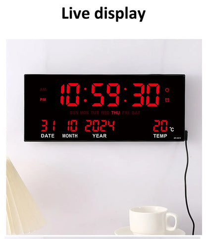 Large Digital Wall Clock with Alarm Temperature  Date Display - 14 LED Plug-In Clock