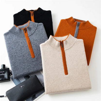 Men's 100% Cashmere Pullover Sweater Autumn/Winter Business Leisure Color Block Knitted Loose Fit Half High Collar Zipper Top