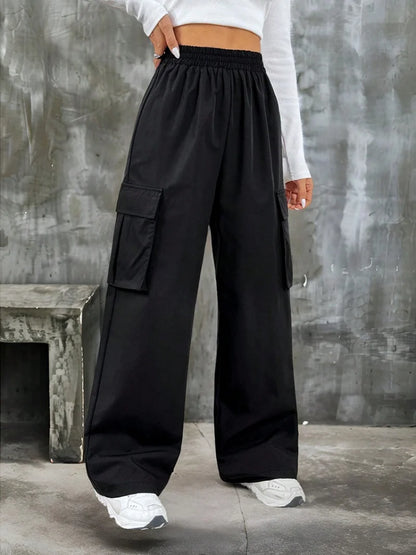 Elegant Solid High Waist Ripped Pant Fashion Women Pocket Elastic Straight Cargo Pants Casual Streetwear Sweatpant Y2K Trousers