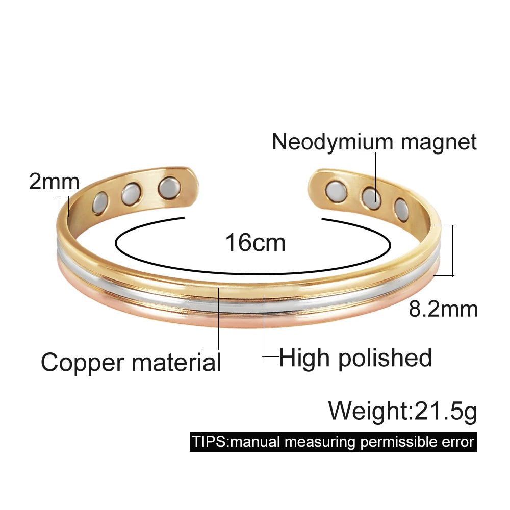 Vinterly Pure Copper Bracelets Magnetic Therapy Arthritis Lines Adjustable High Magnet Open Cuff 8mm Bangles Resizable Jewelry