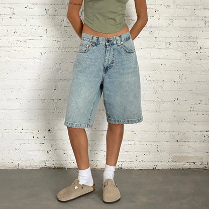 New Fashion Womens Knee Length Denim Shorts Loose Solid Color Low Rise Wide Leg Long Shorts With Pockets For Summer S-2XL