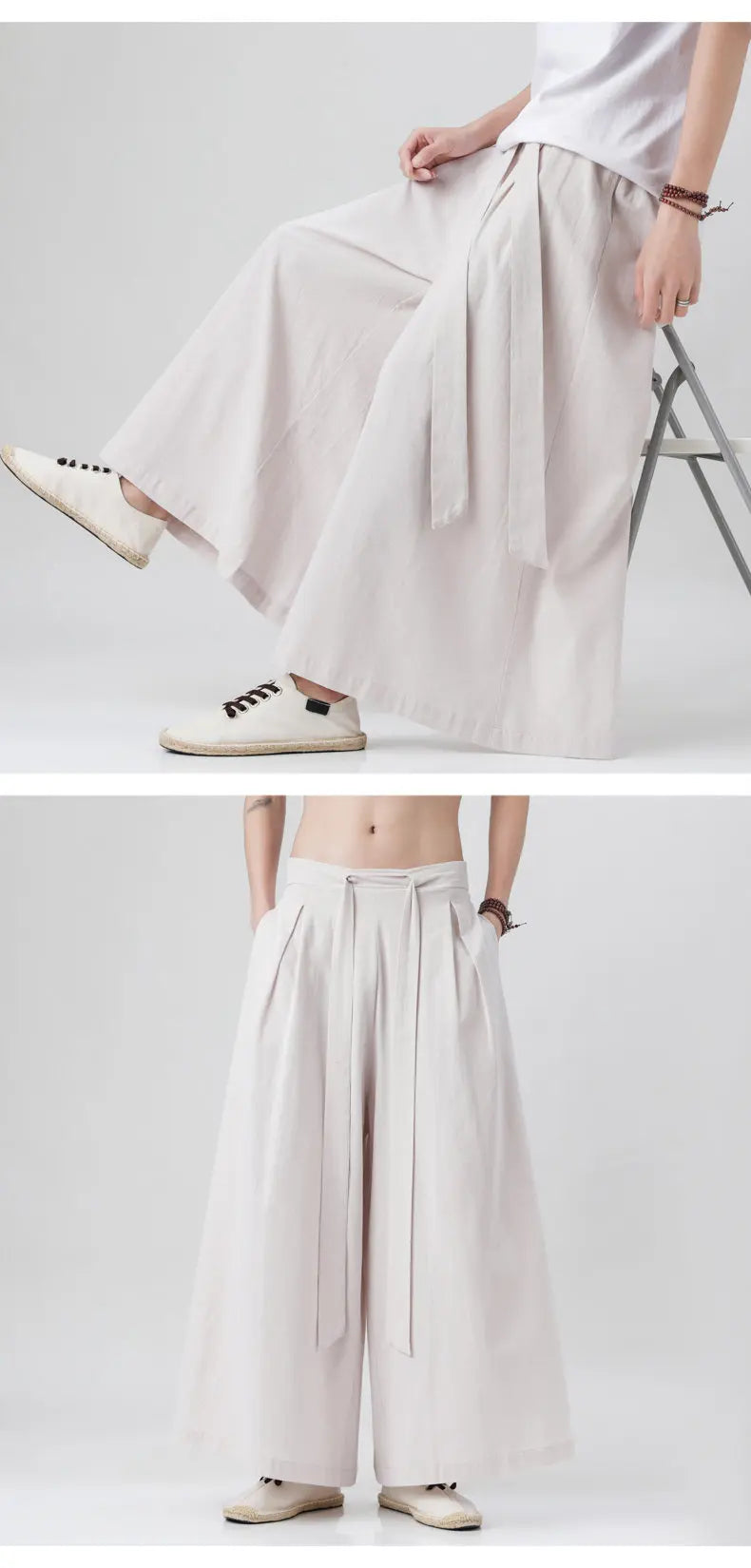 Chinese Style Linen Cotton Retro Pants Man Summer Kimono  Solid Color Traditional Pants Male Streetwear Casual Wide-Leg Trousers