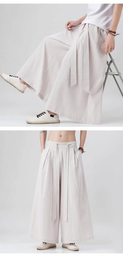 Chinese Style Linen Cotton Retro Pants Man Summer Kimono  Solid Color Traditional Pants Male Streetwear Casual Wide-Leg Trousers