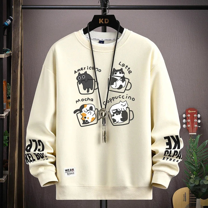 Spring Men's Sweatshirt Japan Cartoon Cats Printed Long Sleeve T-shirt Fashion Men's Clothing Khaki O Neck Harajuku Top 2024 New