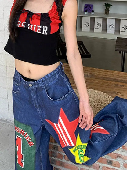 American Style Jeans Big Size Heavy Sticker Fabric Wide Leg Mopping High Waisted Jeans Men and Women Trendy Hip Hop Gothic Pants