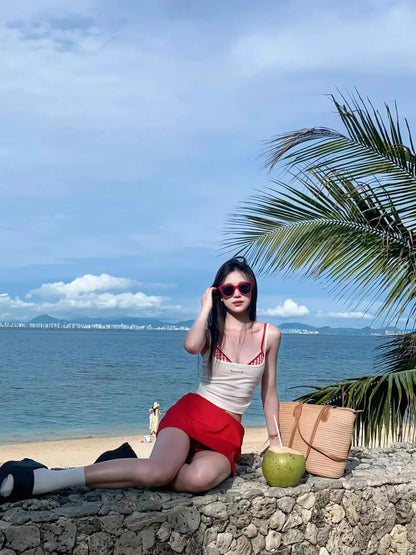 Lightweight and Breathable Bikini Set: Sexy Spaghetti-Strap Dress-Style Beach Vacation Two-Piece Swimsuit 4PCS