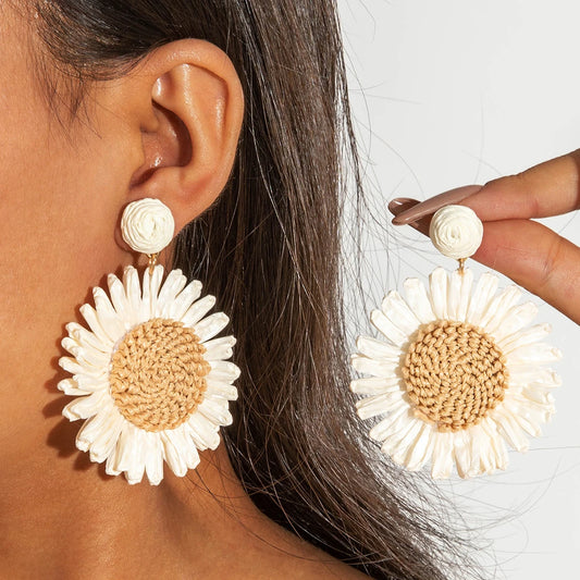 Raffia Sunflower Dangle Earrings – Boho Handmade Beach Style