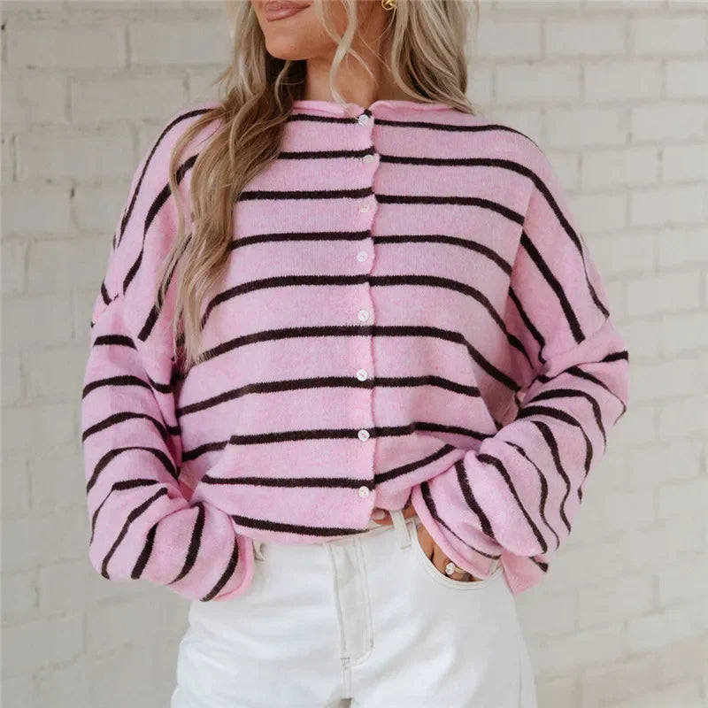 Contrast Striped Loose Cardigan for Women Long Sleeve Button Down Knit Winter Casual Daily Minimalist Sweater Outerwear