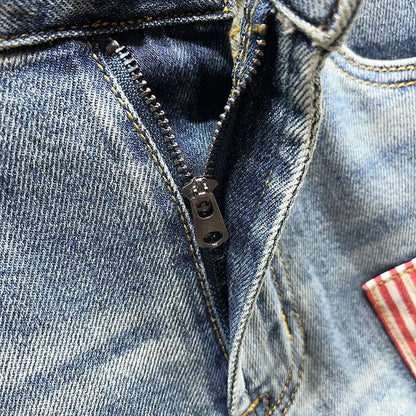 Denim Shorts Men - Slim Fit Knee Length Casual Summer Pants With Trendy Patch