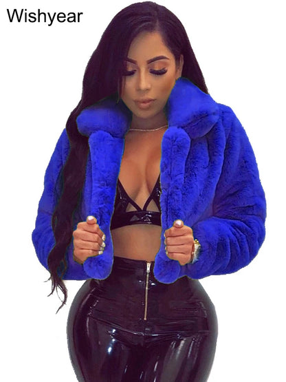 Faux Fur Crop Jacket - Women's Winter Jacket With Open Stitch Lapel & Turn-Down Collar