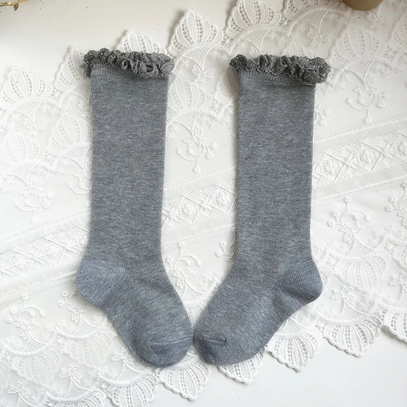 New Winter Autumn Baby Girls Knee High Socks Lace  Ruffle Long Sock Cotton Kids Toddlers Princess Christma Socken For 0-5Years