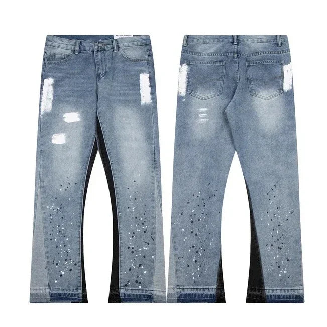 American Streetwear Splashed Ink Patchwork Baggy Jeans Men Women Clothing Tie Dye Trendy Pants Straight Slim Micro-flard Pants