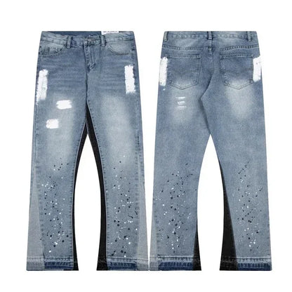 American Streetwear Splashed Ink Patchwork Baggy Jeans Men Women Clothing Tie Dye Trendy Pants Straight Slim Micro-flard Pants