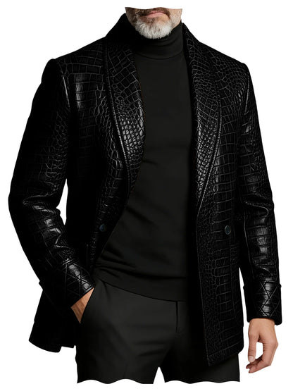 Men's Crocodile Embossed Leather Blazer Double Breasted Business Casual Brown Jacket Office Wear Formal Plus Size  Suit Coat