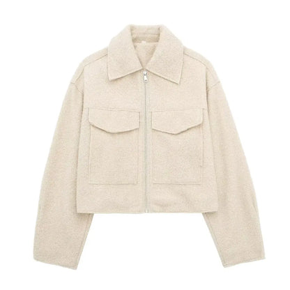 Women Zipper Jacket - Grey Vintage Lapel With Pockets | Casual Long Sleeve Outerwear