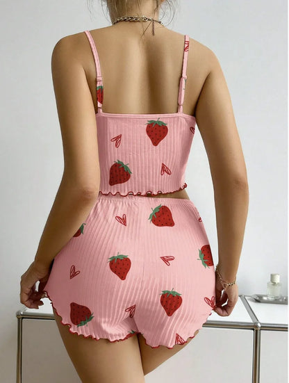 New Strawberry Print Sleepwear Set Women's Ribbed Pajamas with Hearts & Bow Soft Comfy Lounge Set with Shorts Cute Summer PjGift