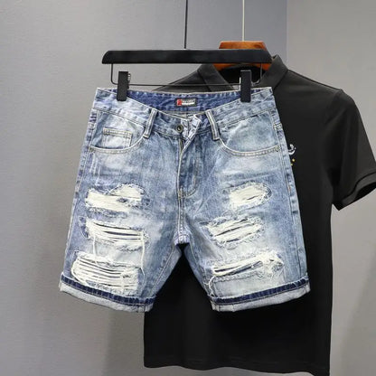 Denim Shorts 2025 Men's Summer Thin Ripped Patch Beggar Pants Cat Whisker Needle Sewing Slim Small Feet Short Jean Medium Pants