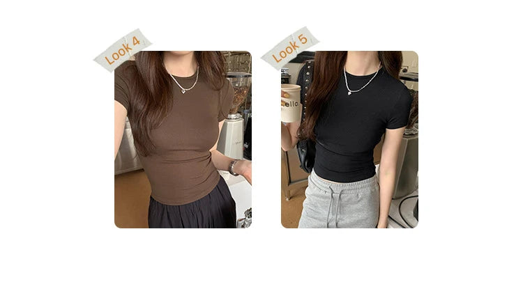 Basic Solid Crop Top Short Sleeve Crewneck Skinny T-shirt Summer Casual Tee for Women Y2K Vintage Top Harajuku Streetwear