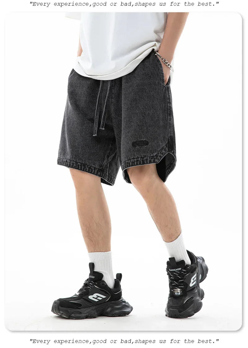 Baggy Denim Shorts - Men's Summer Casual Streetwear With Embroidery & Elastic Waist