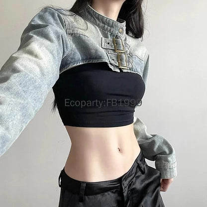 Women Fashion Denim Jacket Y2K Aesthetic Vintage Sexy Crop Tops Coat Japanese Harajuku Streetwear Female Spring Summer Outerwear