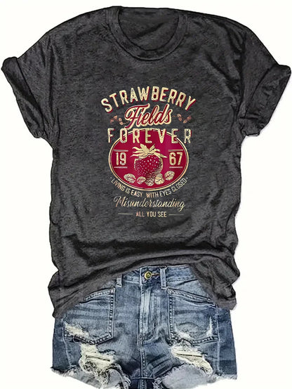 Harajuku Strawberry Fields Forever Letter Print Women T Shirt Short Sleeve Crew Neck Summer Casual Top for Women Clothes Shirts