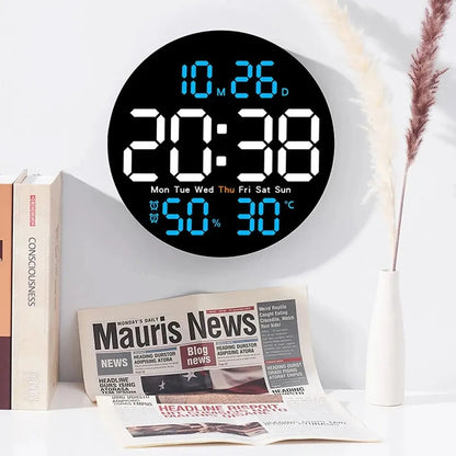 LED Wall Clock with Remote Control - Dual Alarms Calendar  Temperature Display Adjustable Brightness for Home Decor