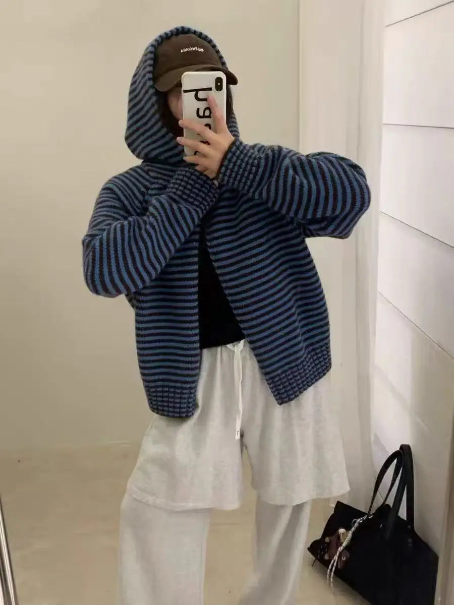 Purple Striped Hooded Sweater Jacket Women's Open Cardigan Autumn Winter Korean Style Soft Thickened Knitted Shirt Inner Wear...