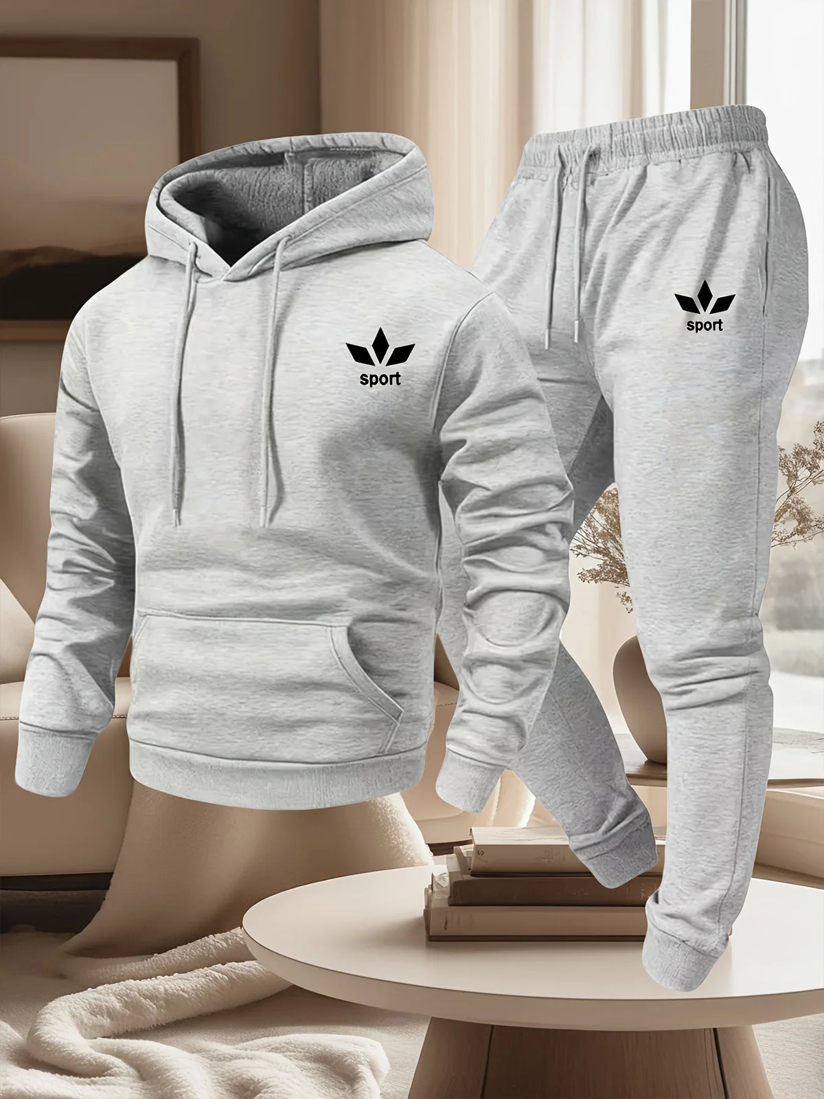 Men Sport Printed Tracksuit 2 Piece Set Warm Lined Drawstring Hoodie Jogger Pants Casual Sports Sweat Outfit For Autumn Winter