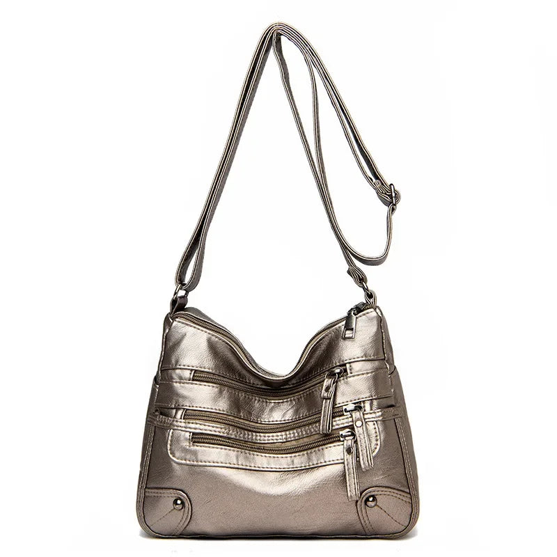 Soft Leather Shoulder Bag - Women's Crossbody Double Layered Large Capacity Tote