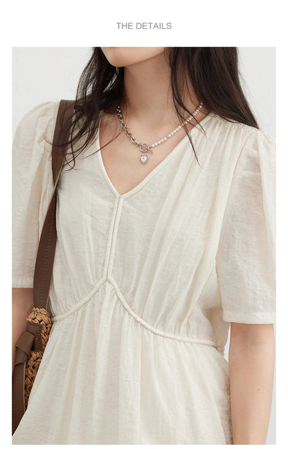 Vintage Puff Sleeve Dress - French Style Black Ankle Length Women Summer Casual Wear